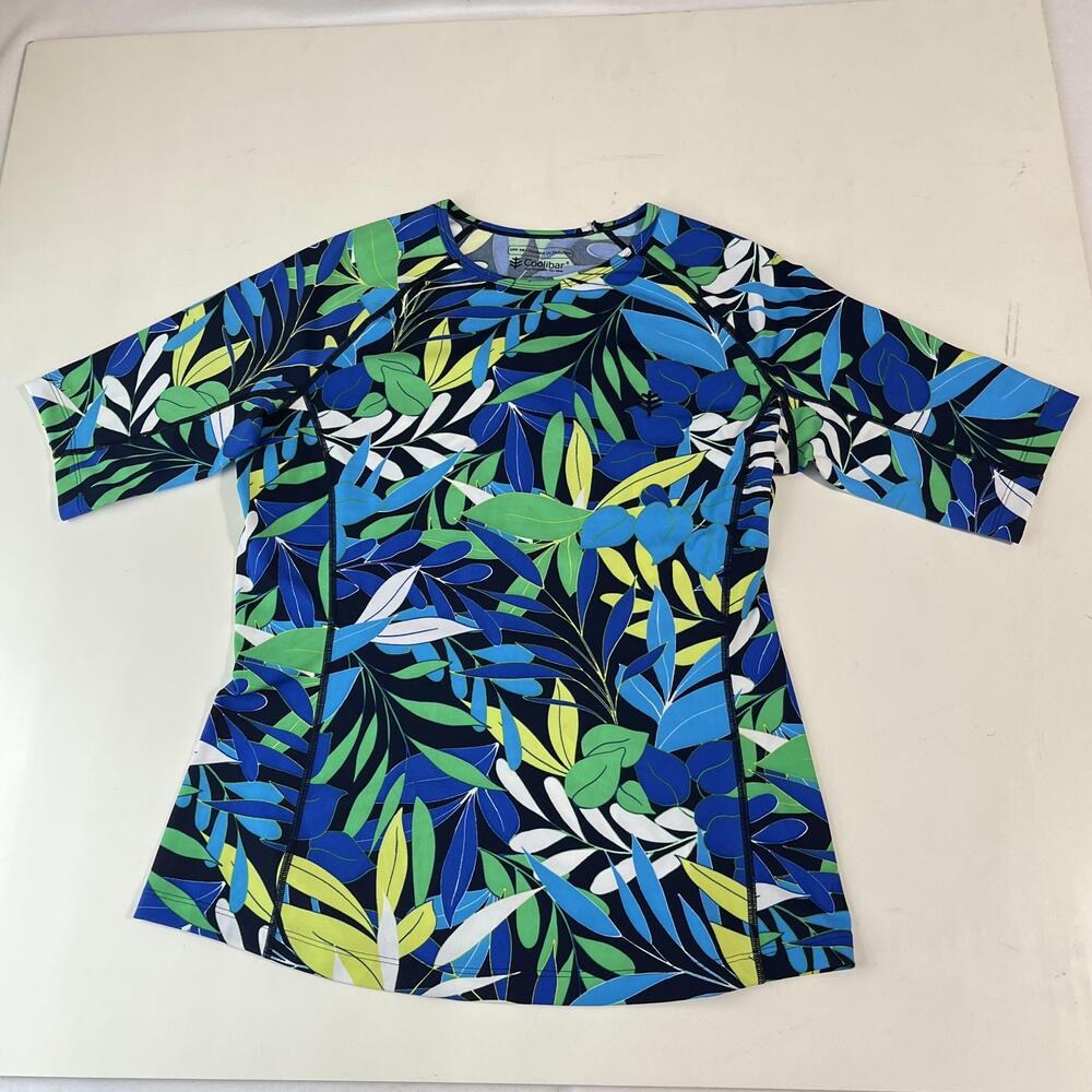 Coolibar Rash Guard Swim Shirt Womens Small Blue Green Tropical Leaf UPF 50+